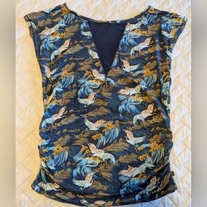 RITUALS Yoga Multicolor Sheer Panel Top Animal Print Bord Cranes Loose Fit Sz.M